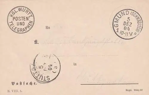 Schwäbisch Gmünd 1904, Postsache nach Stuttgart, Telegraphen Posten
