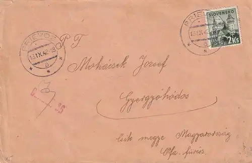 cover Prievoz 1942 to Hungary, censor