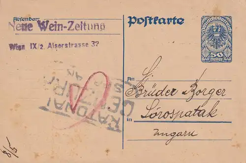 Postkarte 1920 Neue Wein Zeitung nach Ungarn, Zensur