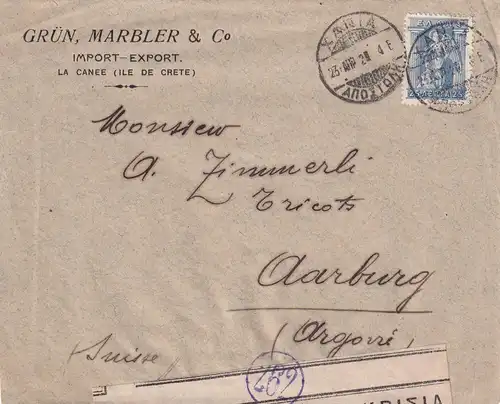 Griechenland: La Canee to Aarburg 1920, censor, Firma aus Kreta