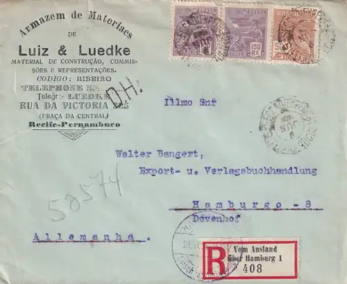 Recife, recommandé par l'étranger, courrier ferroviaire..., D.H. Stamp 1926 à Hambourg