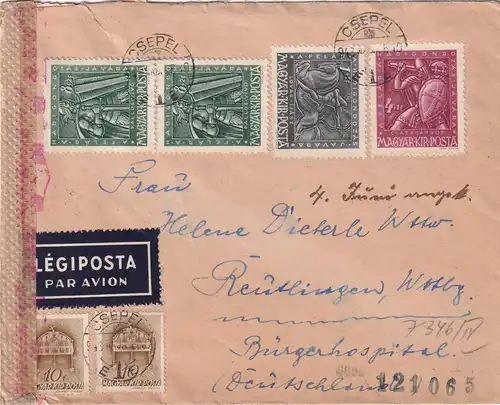 air mail Csepel to Reutlingen 1943, OKW censor, hungarian censor