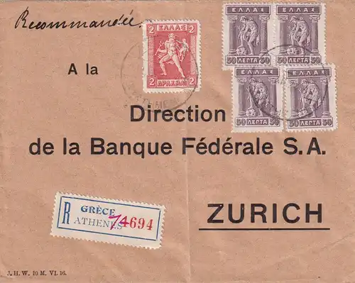 Registered cover Athen to Zürich 1923