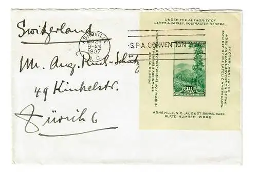 cover Asheville 1937 to Zuerich in Switzerland