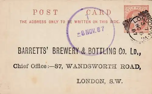 England: London 1886: Brewery&Bottling-Mineral Water, Ganzsache