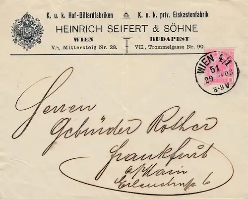 1903: Österreich-Wien-Ganzsache nach Frankfurt-Billardfabrik-Eiskastenfabrik