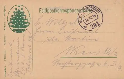 Carte postale de champ: 1916 avec arbre de Noël/arbre chrétien à Vienne