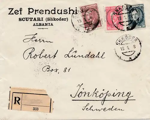 Albanie: 1928: Scutari/Shkoder to Sweden-registered