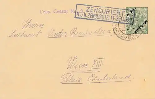 Bosnien: 1916: Ganzsache Krusevac nach Wien: Zensuriert: KuK Feldpost
