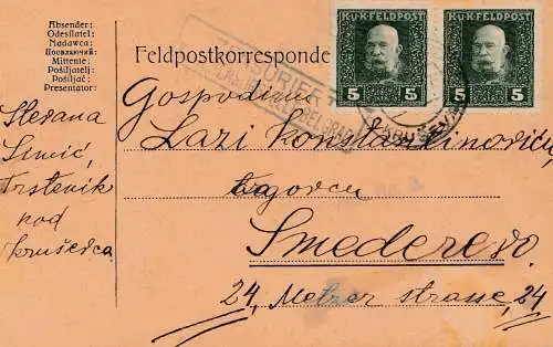 Bosnie: 1917: Carte postale de correspondance de terrain