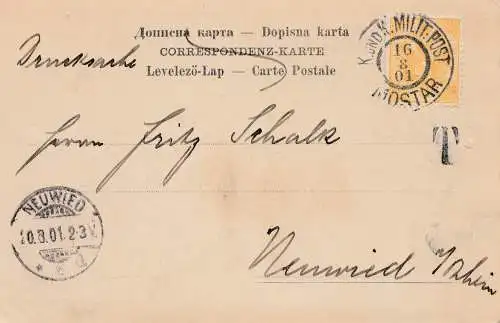 KuK Militärpost 1901: Mostar nach Neuwied - Tax