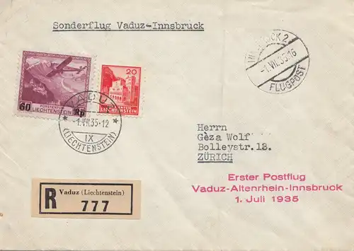 Liechtenstein: 1935: Vaduz à Zurich - premier vol postal