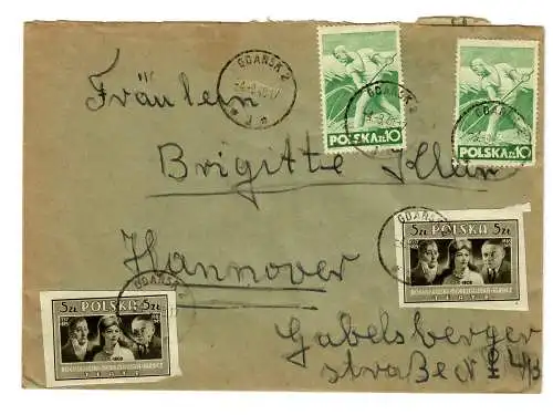 Lettre de Gdansk en 1948 à Hanovre. - Enchantée.