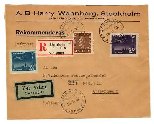 Poste aérien recommandé Stockholm vers Amsterdam 1930.