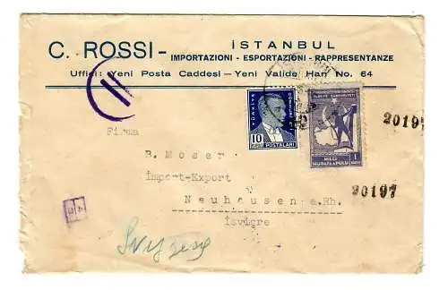 Lettre d'Instanbul à Neuhausen a. Rh. avec censure italienne