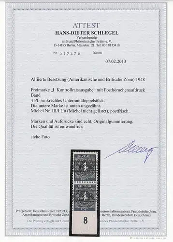 Alliierte Besetzung: MiNr. III/I Uu, **, postfrisch, BPP Foto Attest