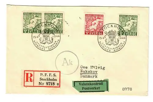 Inscrivez-vous P.F. F.S. Stockholm à Nakskov, Danemark, contrôle postal 1944