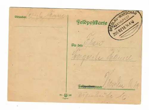 GG Bahnpoststempel: Feldpostkarte Breslau-Warschau ZugNr. 0218 nach Dresden