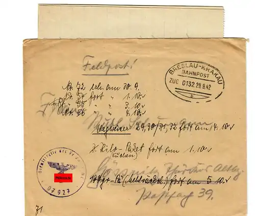 GG Bahnpoststempel: FP Brief Breslau-Krakau, Zug Nr. 132, 1942