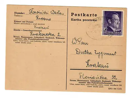 GG Bahnpoststempel: Krakau - Neu Zagorz auf Postkarte 1944