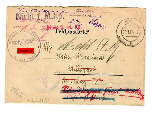 Lettre postale de champ 1943: Kirn/Nahe, Lhospitalt à Stuttgart: vers+ck à l'expéditeur