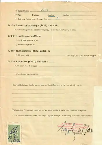 GG: Fragebogen zur Registrierung eines Kraftfahrzeuges Lemberg, Gebührenmarke