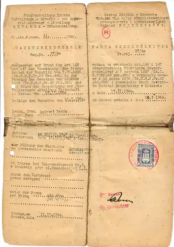 GG: Handwerkerschein Krakau 1940 mit Gebührenmarke der Stadt Krakau