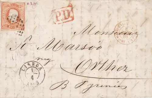 1866: letter from Portugal to Orthez, MiNr. 22