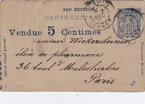 France: Carte-Lettre Paris: Vendue 5 Centimes, Publicité