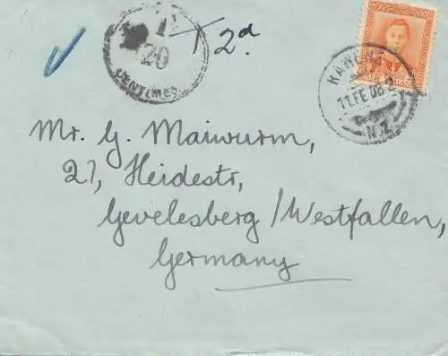 New Zealand: 1908: Rawene to Germany - Taxe