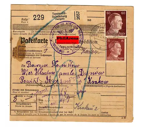 Generalgouvernement GG: Ausland Paketkarte Tannwald-Schuburg-Krosno, 1944