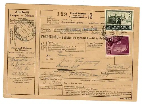 Generalgouvernement GG Ausland Paketkarte Deutsch Przemysl - Essen-Ost, 1944
