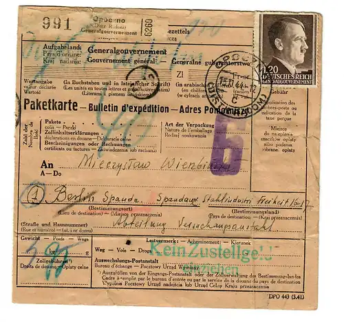 Generalgouvernement GG Ausland Paketkarte Opoczno nach Spandau, 1944