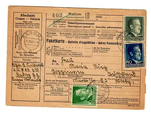 Generalgouvernement GG Ausland Paketkarte Radom nach Göppingen, 1943