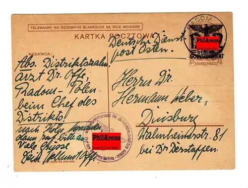 Generalgouvernement GG: Ganzsache P4 Text 10: Radom nach Duisburg, 1940