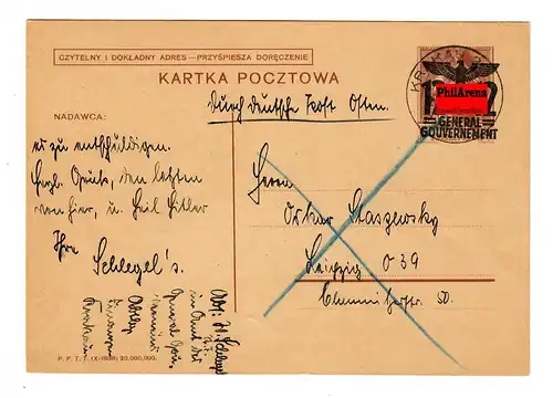 Generalgouvernement Ganzsache GG: P4 Text 01, Krakau nach Leipzig 1940