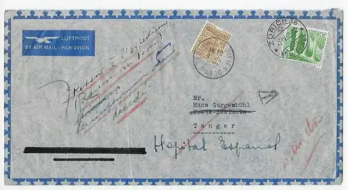 Luftpost Schweiz/Zürich nach Tanger mit Weiterleitung, Nachporto, 1952