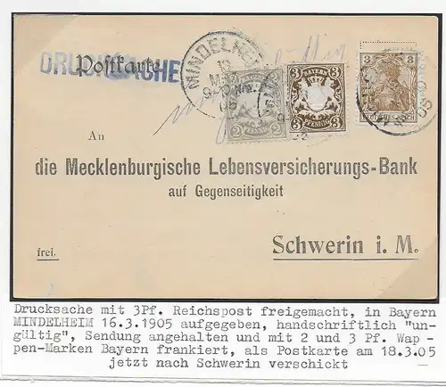 Postkarte Drucksache 1905 von Mindelheim nach Schwerin, ungültige Marken