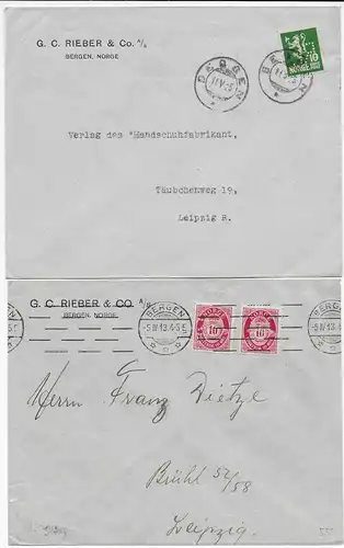 Norge: 4x lettres de Bergen vers Leipzig 1913-1925