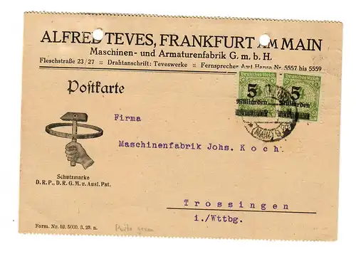 Carte postale avec numéro de téléphone 333 A, MeF, Francfort pour Trossingen, 29.11.1923