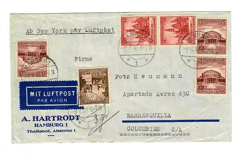 Lettre de courrier aérien Hambourg vers Barranquilla/Colomie, 1938