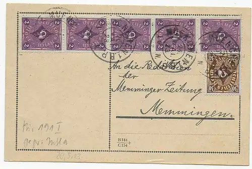 Carte postale 20.5.1923 de Munich à Memmingen: Min. 191 I, examiné Infla