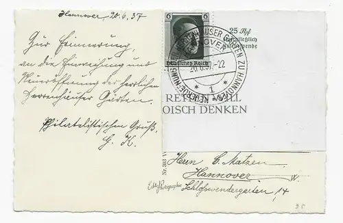 AK Hannover-Herrenhausen, 1937, Denkmal der Kurfürsting Sofie, Sonderstempel