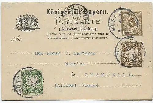 Ganzsache mit Antwortkarte München nach Chantelle/France 1898