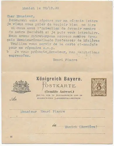 Ganzsache mit Antwortkarte München nach Chantelle/France 1898