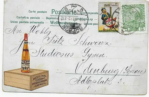 Carte publicitaire avec théière Vignette, Cognac d'Ödenburg/Sopran 1922