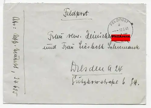 Feldpostbrief FPNr. 34685 nach Dresden mit Feldpostzensur 1941