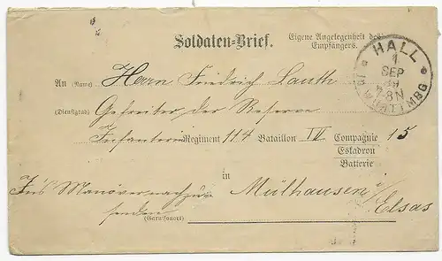 Soldaten Brief: Manöverpost Schwäbisch Hall 1889 nach Mülhausen/Elsaß