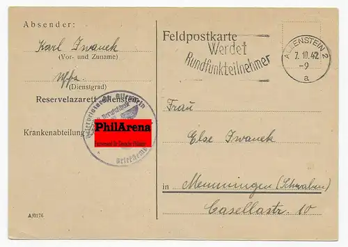 Feldpostkarte Allenstein 1942, Reserve Lazarett mit Eindruck, nach Memmingen