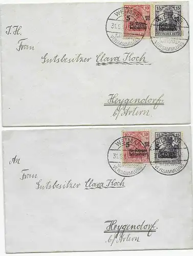 2x Lettres avec le cachet spécial Weimar - Assemblée nationale, 1919 à Heggendorf